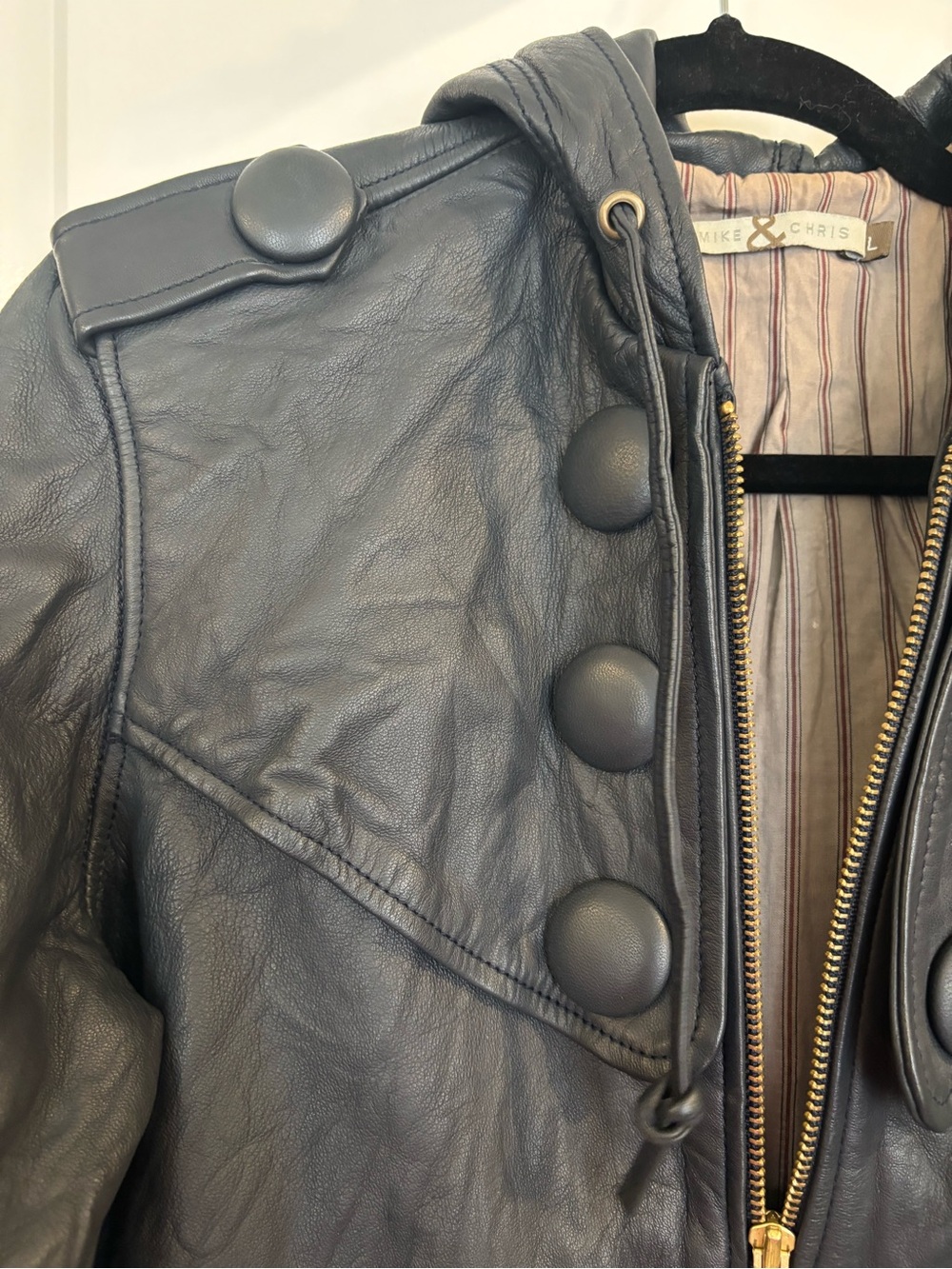 Mike & Chris Ash Blue Leather Hooded Bomber Jacket, Sz L/8 - Picture 7 of 8